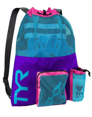TYR big mesh mummy backpack side mesh ventilation highlights quick-dry design for post-swim sessions.