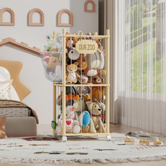 UAMFURI stuffed animal storage front view shows sturdy wood design for tidy kids' rooms.