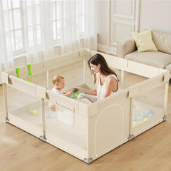 UANLAUO beige small baby playpen setup demonstrates quick, tool-free assembly for busy parents.