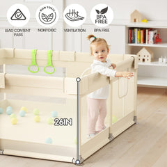 UANLAUO beige small baby playpen stability shows four suction cups for firm placement.