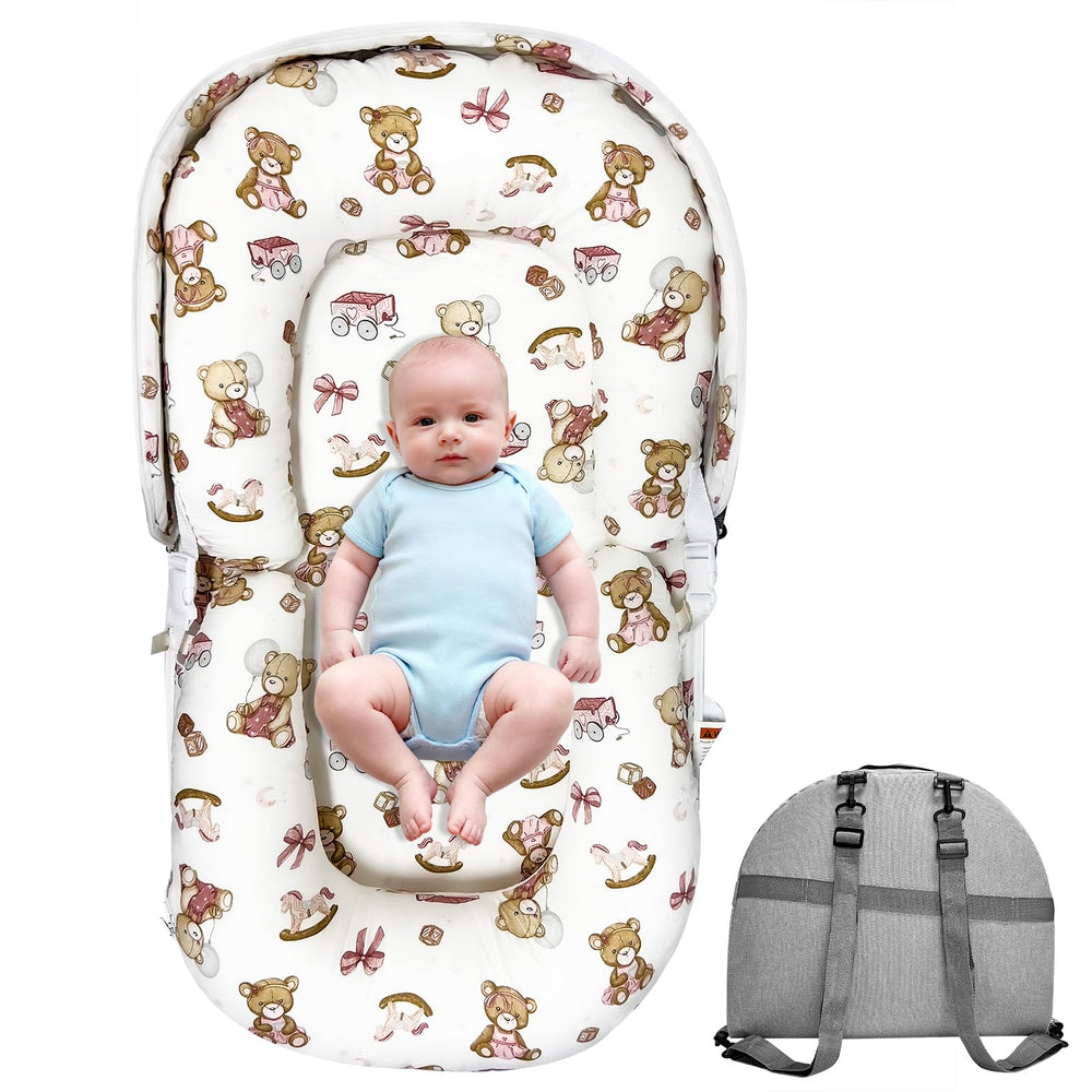 UGRASEA Baby Lounger folded into backpack form for easy travel.
