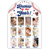 UIBOVA Baseball My First Year Photo Board front view in natural wood for nursery decor.