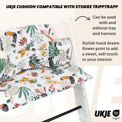 UKJE cushion seat attachment image demonstrates secure fit with Stokke Tripp Trapp.