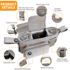 UMBEIBEI stroller organizer side view showing insulated cup holders for bottles
