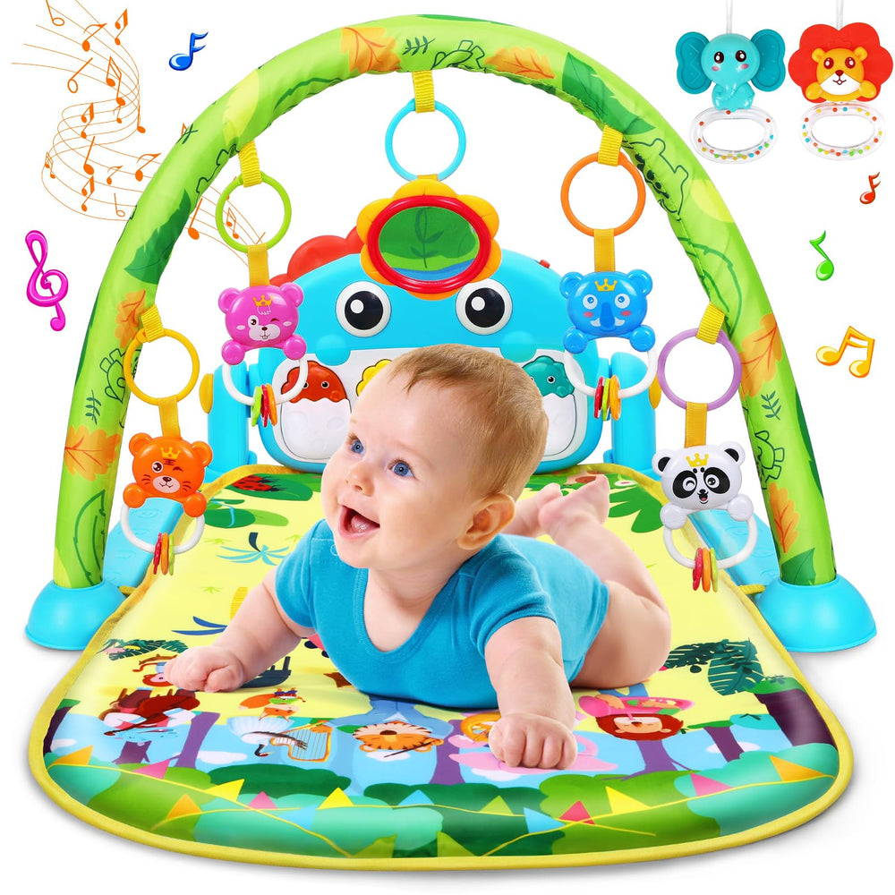 UMIKU dinosaur play mat arc with hanging rattles supports sensory exploration