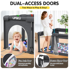 UMIKU playpen dual-door arch entry shows easy access for parent and child