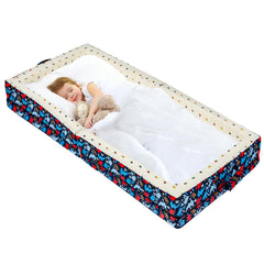 Umoving toddler travel bed folded for compact packing and travel convenience.