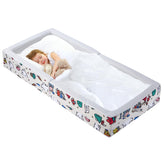 Umoving toddler travel bed with built-in rails secured for safe sleep on the go