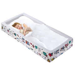 Umoving toddler travel bed with built-in rails secured for safe sleep on the go