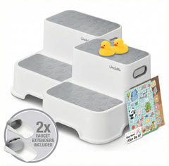UNCLE WU toddler step stool grey front view shows non-slip treads for stability.