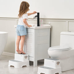 UNCLE WU toddler step stool grey side view highlights compact footprint for small spaces.