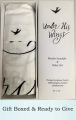 Under His Wings swaddle flat lay highlights generous 47x47 inches for versatile use