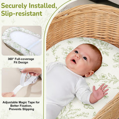 Unicorn Castle bassinet sheets on bassinet illustrate universal fit for oval and rectangle