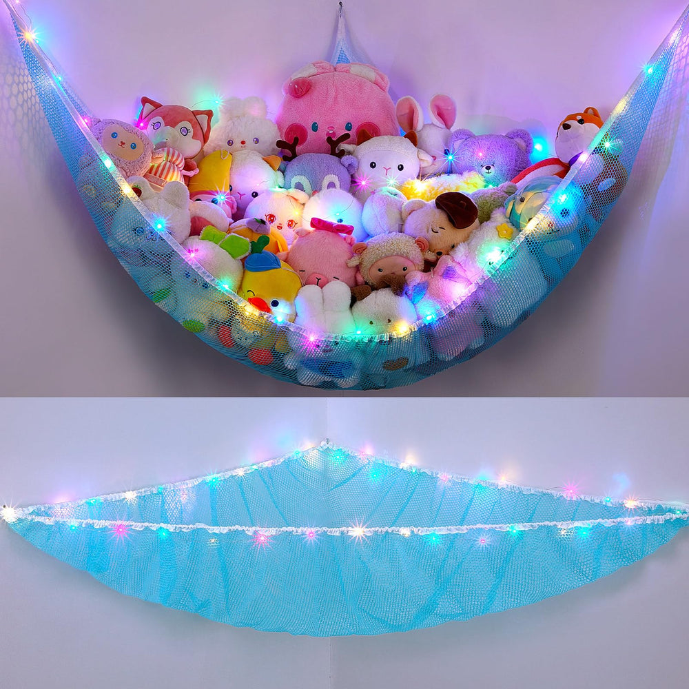 Unicorn Castle hammock with LED light in a corner storage setup for plush toys