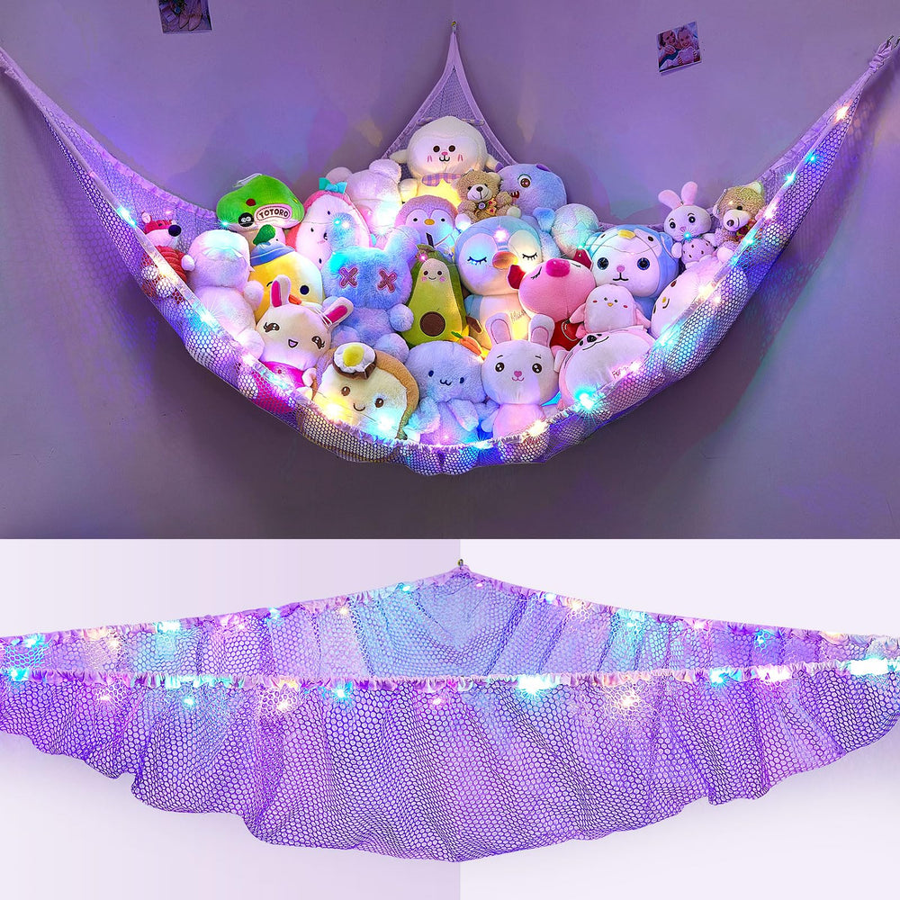 Unicorn Castle stuffed animals hammock with LED light for cozy kid’s room decor.