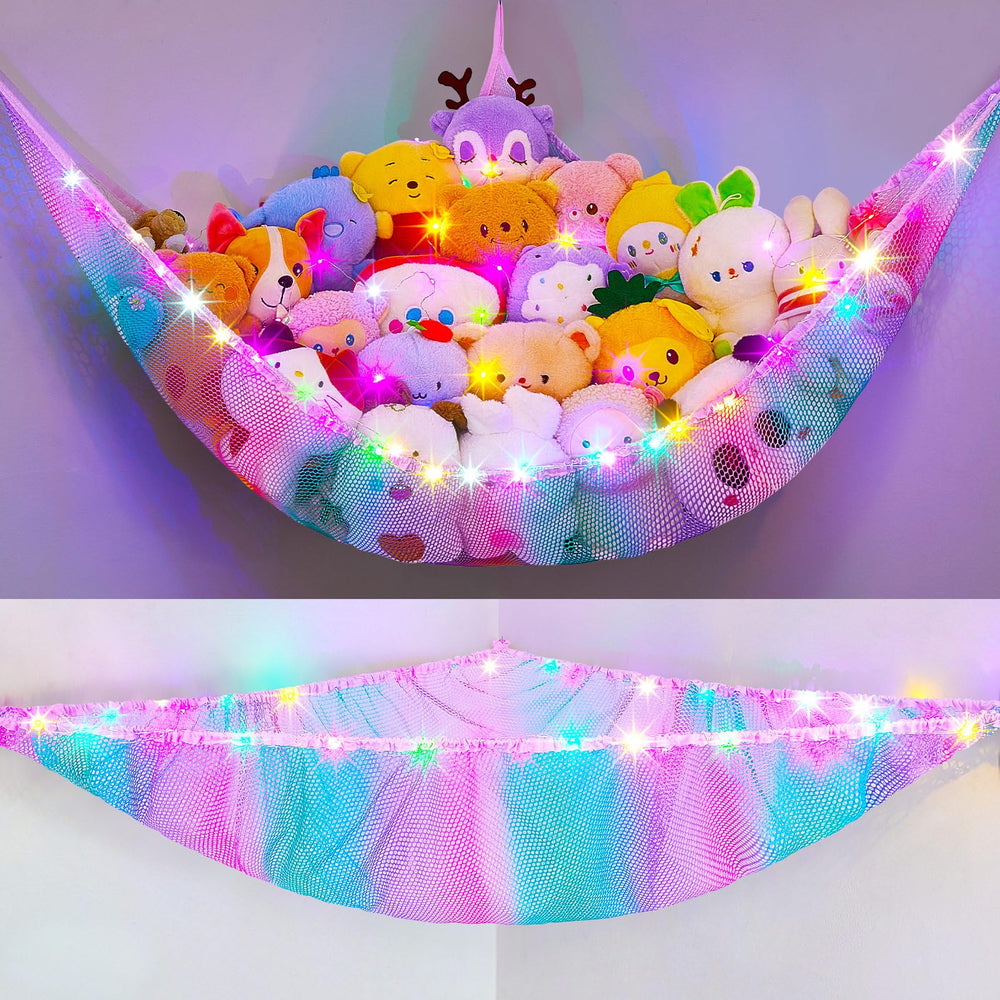 Unicorn Castle stuffed animals hammock in pink-blue-purple stores plush toys neatly.
