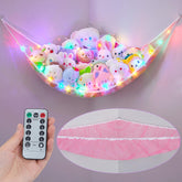 Unicorn Castle stuffed animals net hammock with LED light keeps plush organized and accessible.