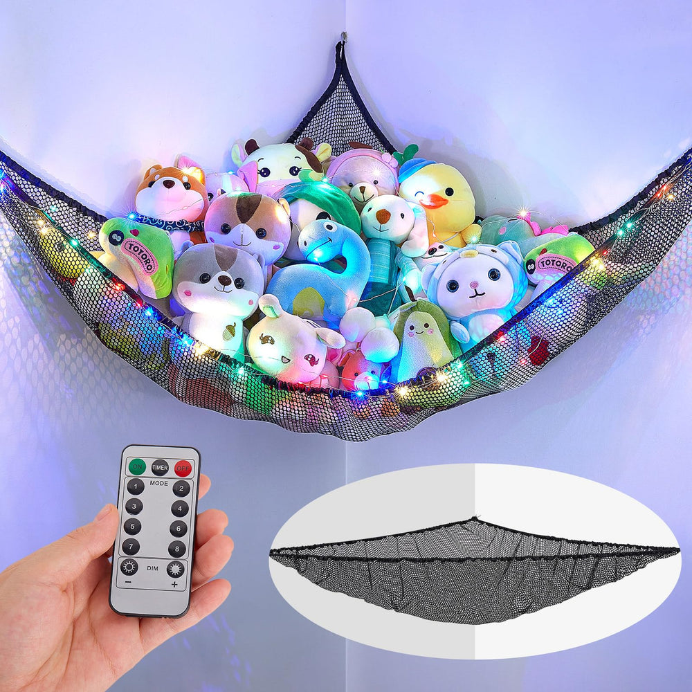 Unicorn Castle stuffed animals net hammock with LED light for space-saving storage.