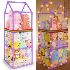 Unicorn Castle stuffed animals storage zoo front view showcases space-saving PVC organizer for plush toys.