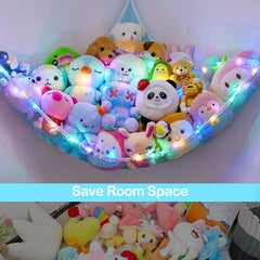 Unicorn Castle toy storage hammock provides large capacity for plush toys and balls.