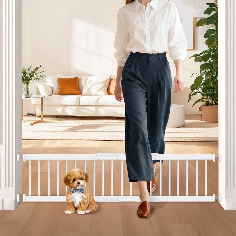 Unidevice dog gate step-over 10in height for easy passage in busy spaces.