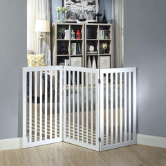 Unipaws white dog gate on stairs helps contain pets safely.