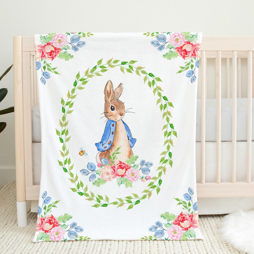 UNIQUE Rabbit ultra-soft fleece blanket front illustration adds cozy nursery style