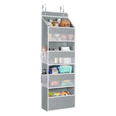 Univivi 4-Shelf Door Hanging Organizer front view shows roomy pockets for bottles and toys.