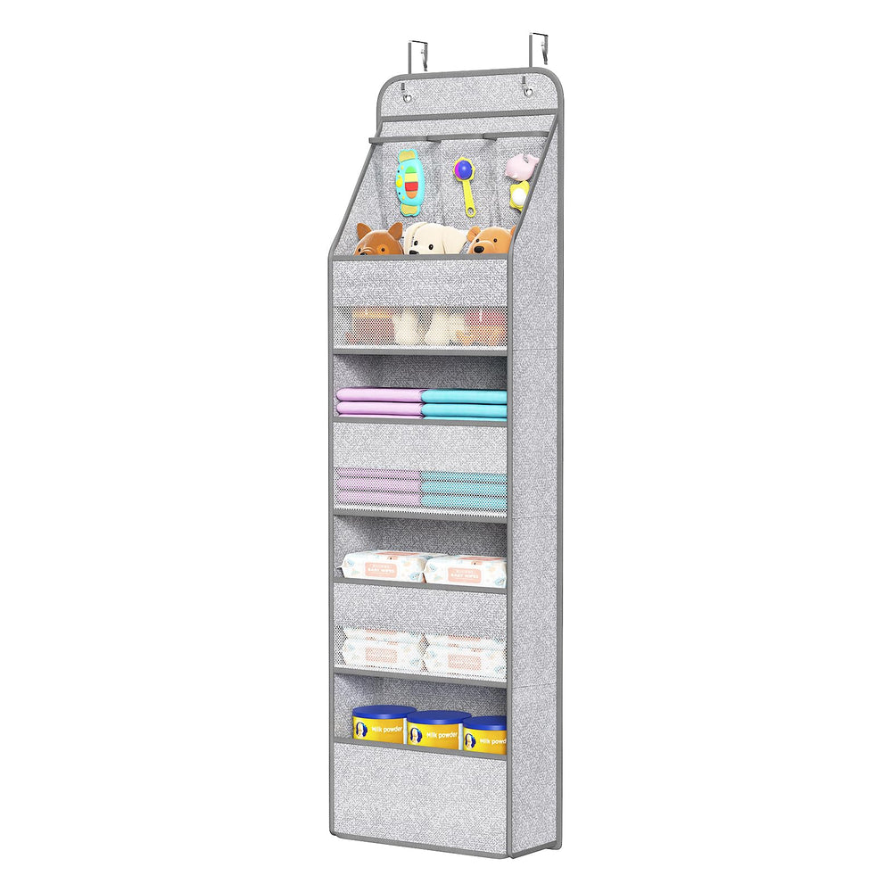 Univivi 5-shelf door organizer hanging over door for compact nursery storage