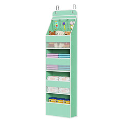 Univivi 5-shelf fabric door organizer in green offering roomy nursery storage at a glance