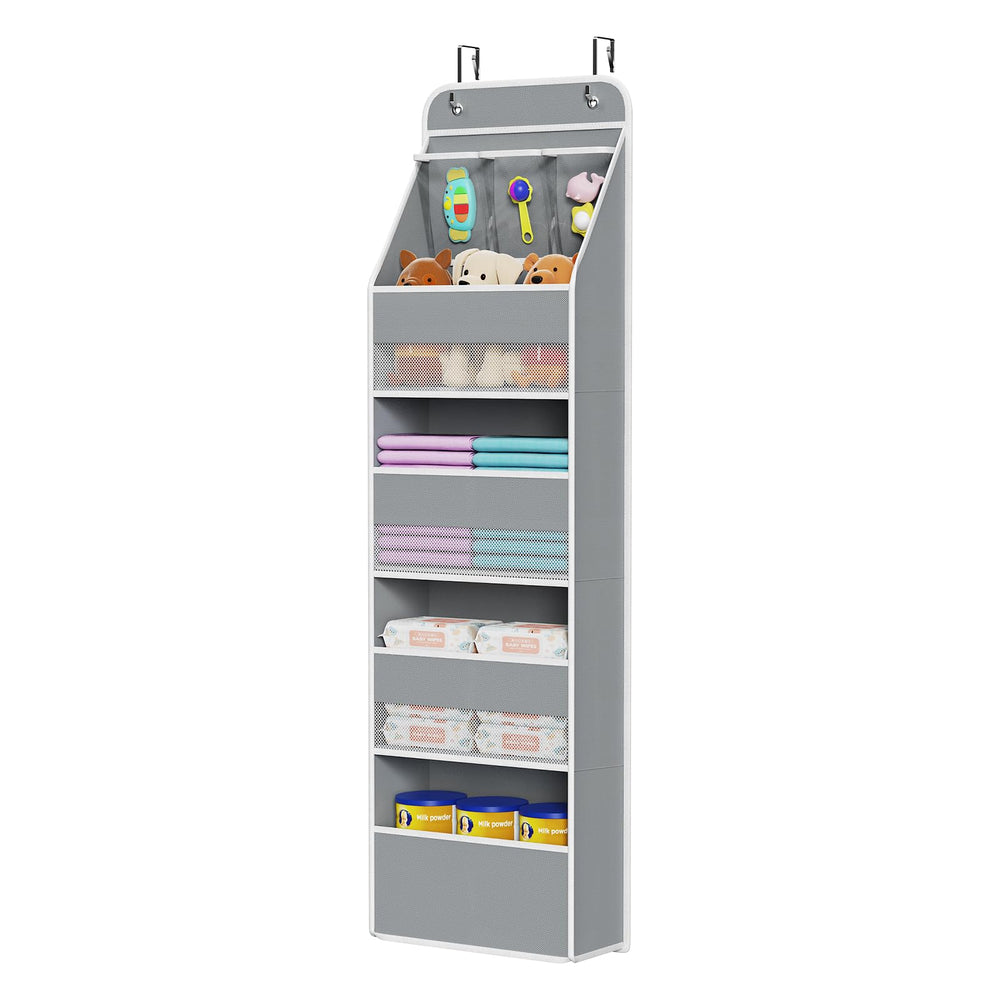 Univivi door organizer in grey over-door setup for space-saving nursery storage.
