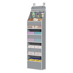 Univivi door organizer in grey over-door setup for space-saving nursery storage.