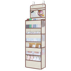 Univivi over-door organizer on door improves nursery organization.
