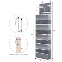 Univivi over door organizer dimensions highlight tall compartments for bottles and lotion.