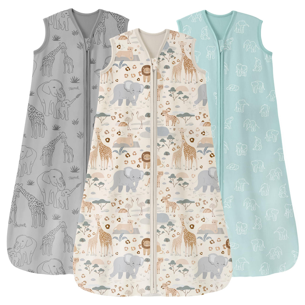 Unnivoll baby sleep sack triple pack apricot elephant pattern promotes cozy nights and safe nighttime changes.