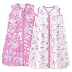 Unnivoll baby sleep sack front view in purple leaf for secure swaddling comfort.