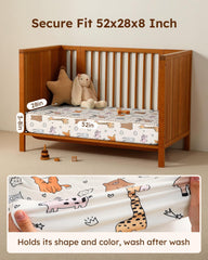 Unnivoll 52x28x8 fit image shows 360-degree coverage for standard crib and toddler mattress.