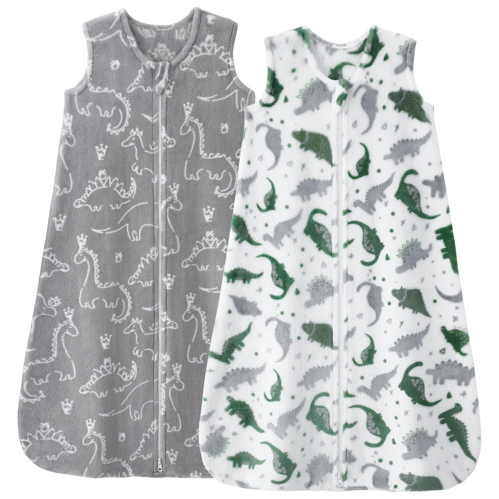 Unnivoll fleece sleep sack gray dinosaur, front view, cozy wearable blanket for toddler warmth.