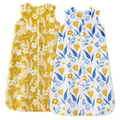 Unnivoll fleece sleep sack yellow-white flower print provides cozy warmth for baby.