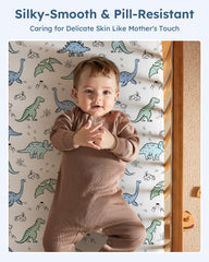 Unnivoll mini crib sheet shows elastic band for quick, snug installation on a pack n play.