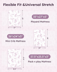 Unnivoll pack and play sheets 38x26 closeup highlights precise fit on mini crib mattresses.