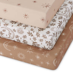Unnivoll pack-n-play sheets 3-pack flat lay highlights quick setup versatility.