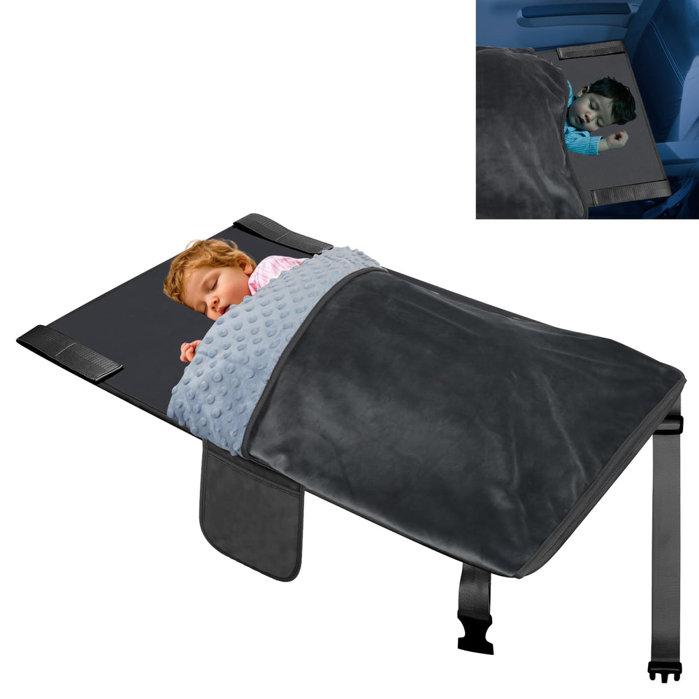 UNTREE airplane bed for toddler with blanket shows cozy travel comfort on a plane