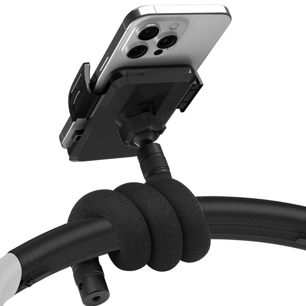 Uogw stroller phone holder with flexible gooseneck for adjustable viewing during walks.