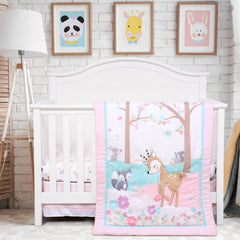 UOMNY crib bedding forest deer fox design creates cozy woodland sleep ambience.