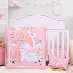 UOMNY crib bedding set with pink stars and rainbow print for cozy sleep and nursery charm.