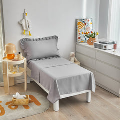 UOZZI Bedding gray flat sheet fits standard toddler beds neatly.