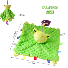 Upalupa frog design taggy blanket with jingling head provides visual and auditory engagement.