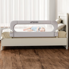 UPGOGO folding bed rail guard demonstrates safer bed access for toddlers.