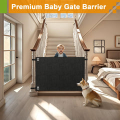 Upitry baby safety net on stair rail shows secure barrier for kids and pets.